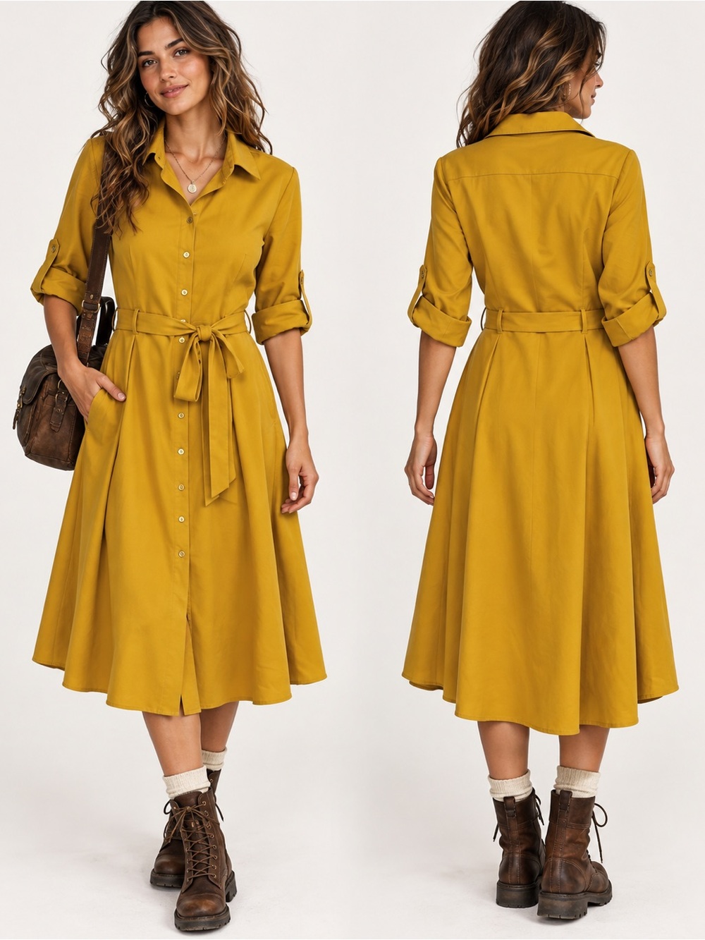 Sharagano Mustard Button-Front Cottagecore Utility Earthy Midi Shirt Dress Sz 4
